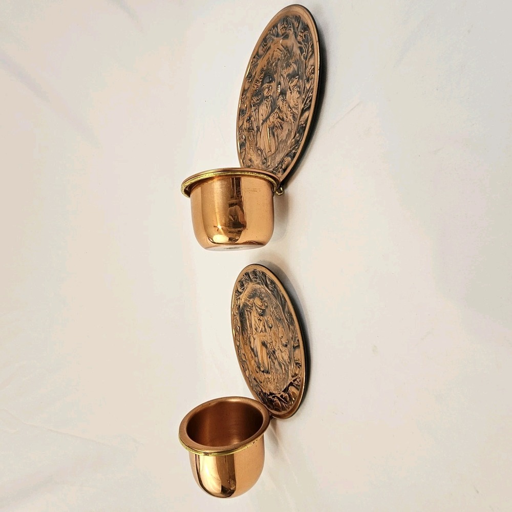 Vintage Coppercraft Candle Holder Pair Wall Pocket Planter Hunting Dogs - Picture 11 of 13